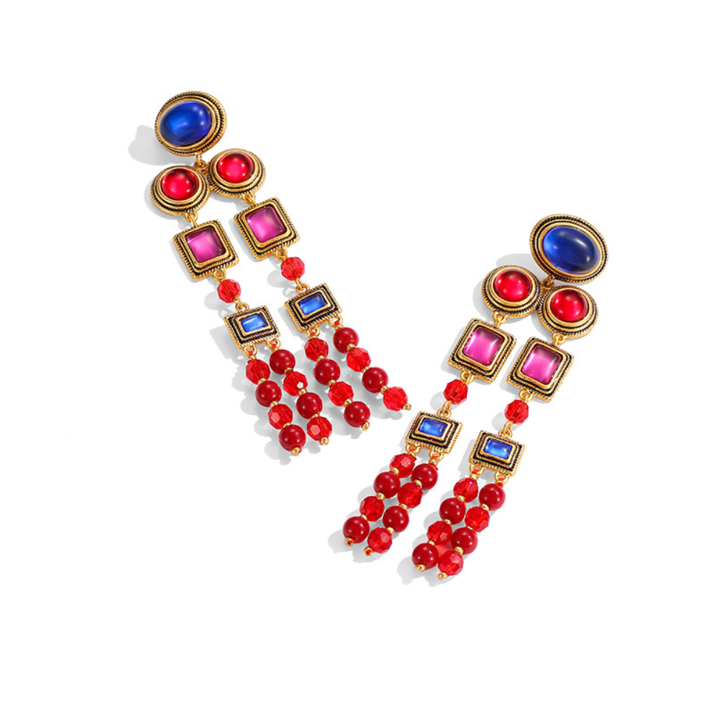 Vintage Scarlet Beaded Tassel Earrings