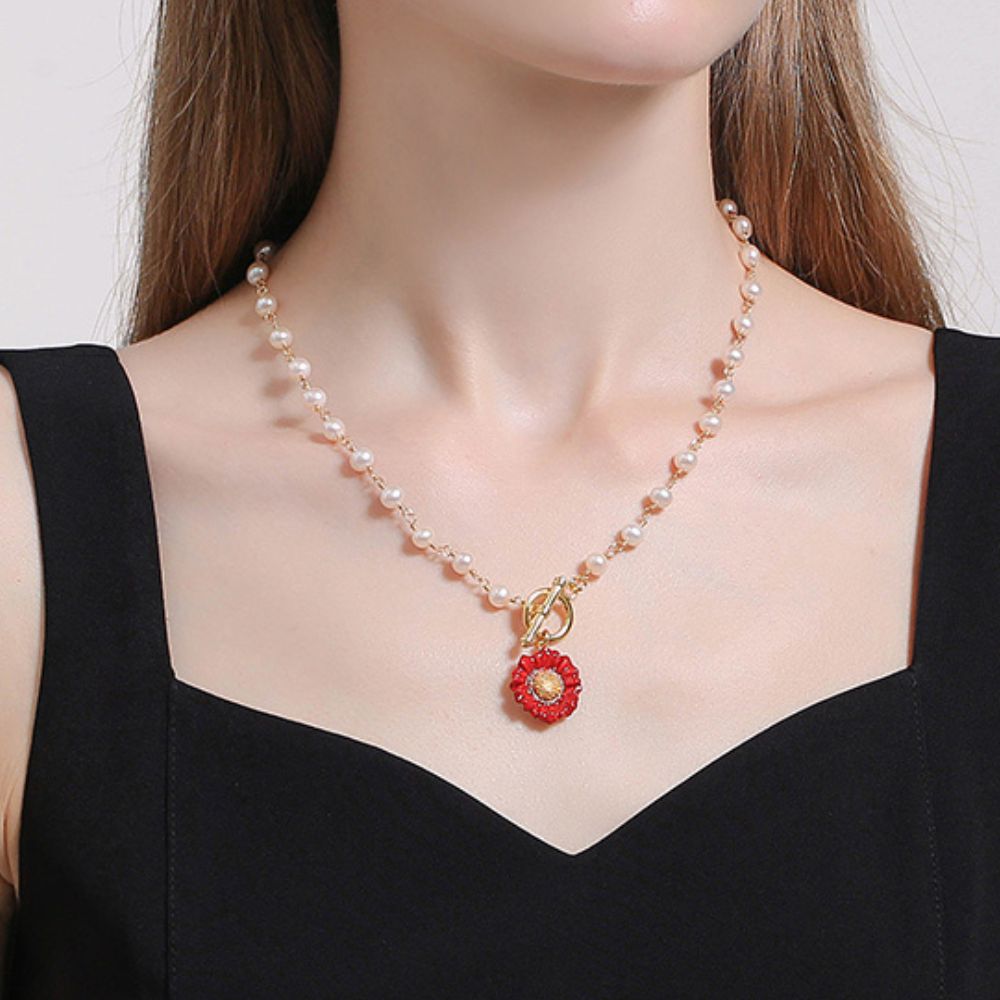 Red Daisy Toggle Pearl Necklace