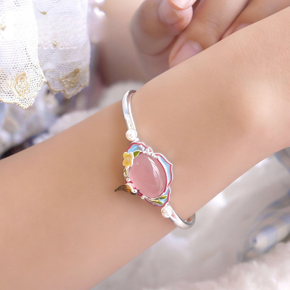 Pink Agate Garden Bird Bangle Bracelet