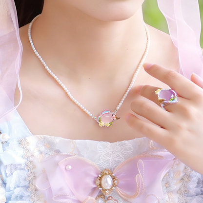 Pink Agate Garden Bird Pearl Necklace