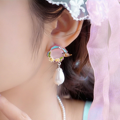 Pink Agate Garden Bird Pearl Earrings