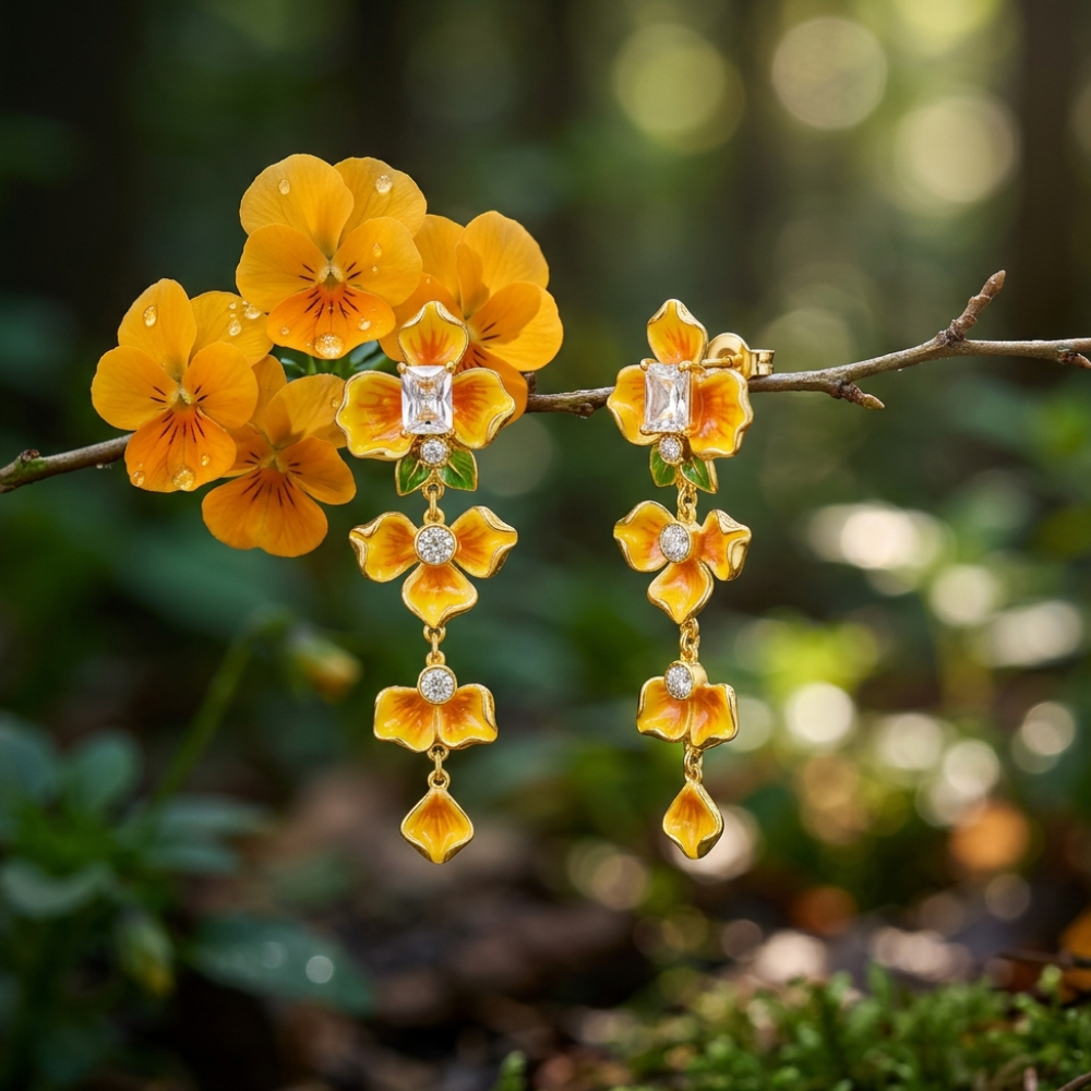 Golden Pansy Drop Earrings