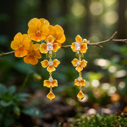Golden Pansy Drop Earrings