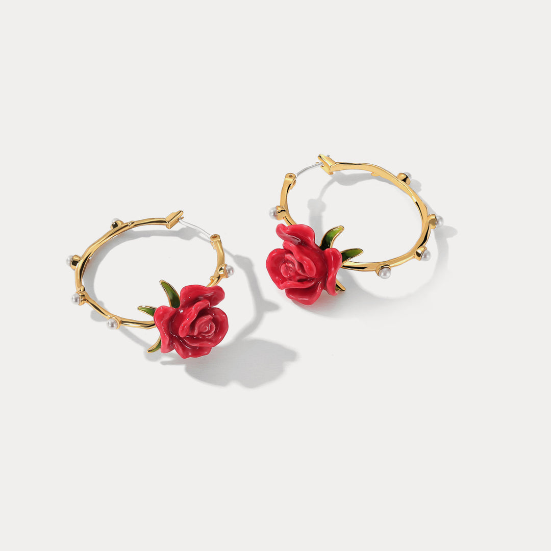 Red Rose Hoop Earrings