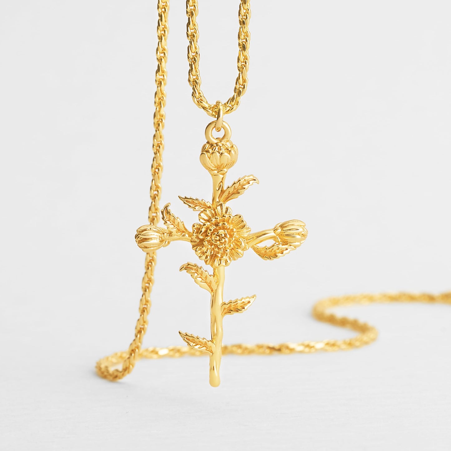 Floral Cross October Marigold Birth Flower Necklace