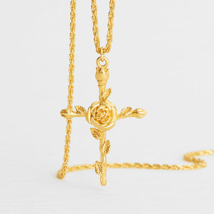 Floral Cross June Rose Birth Flower Necklace