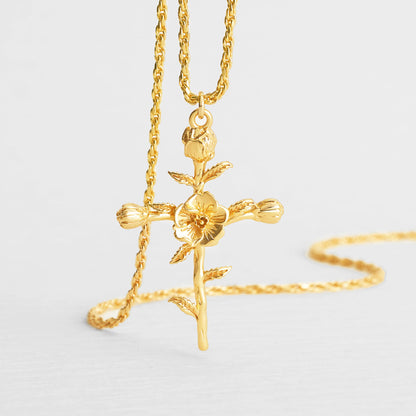 Floral Cross August Poppy Birth Flower Necklace