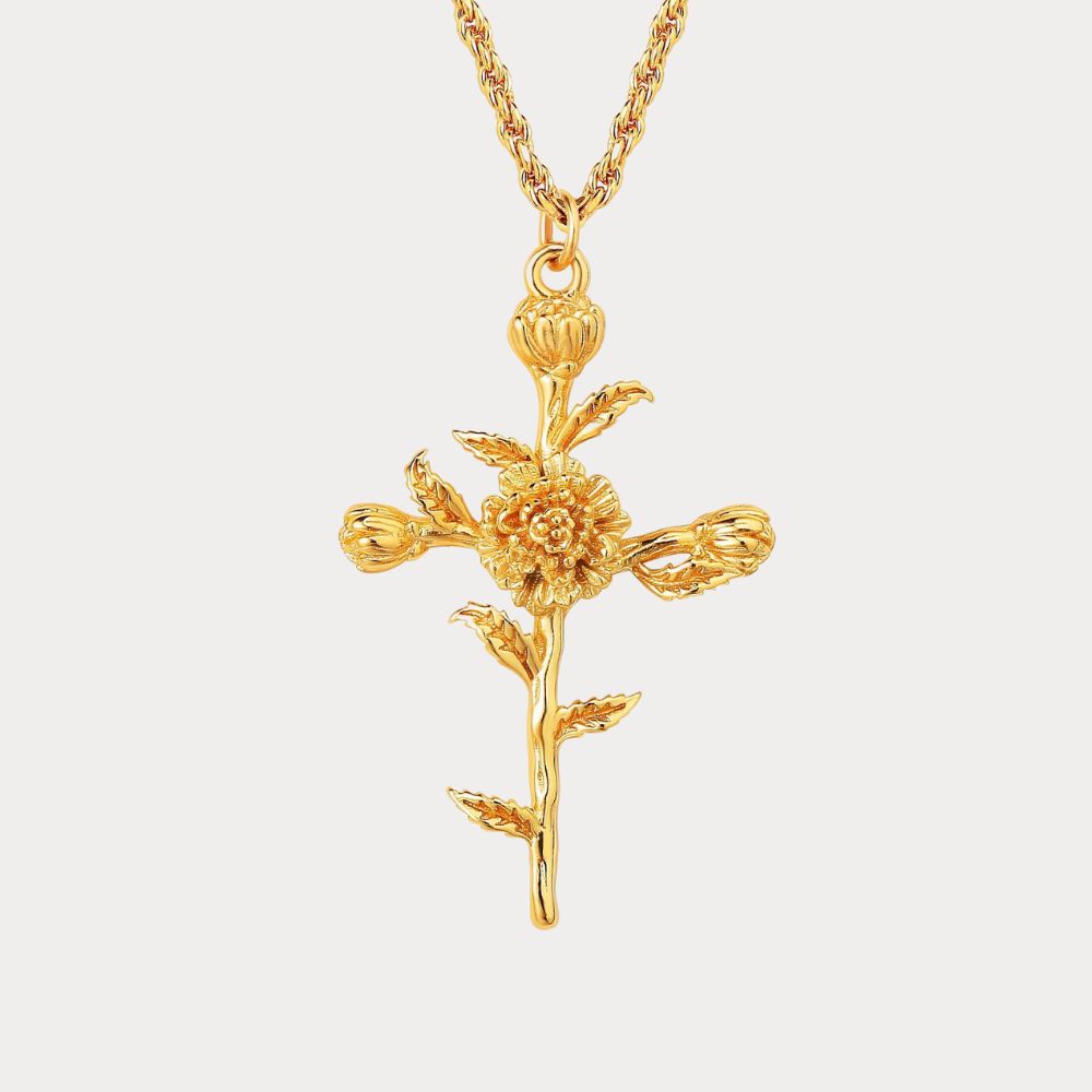 Floral Cross October Marigold Birth Flower Necklace