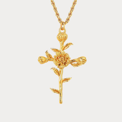 Floral Cross October Marigold Birth Flower Necklace