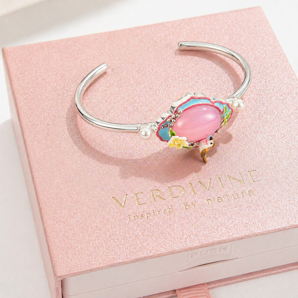 Pink Agate Garden Bird Bangle Bracelet