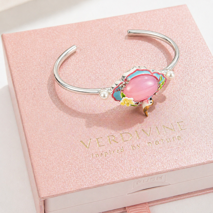Pink Agate Garden Bird Bangle Bracelet