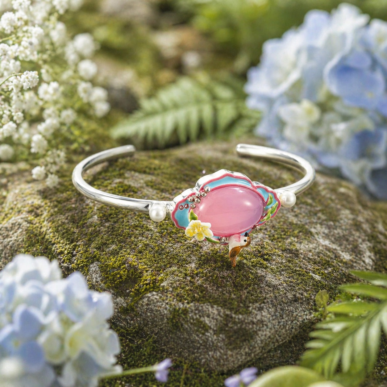 Pink Agate Garden Bird Bangle Bracelet