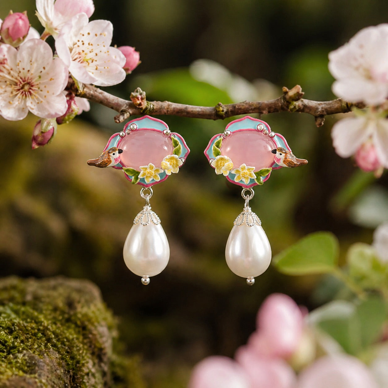 Pink Agate Garden Bird Pearl Earrings