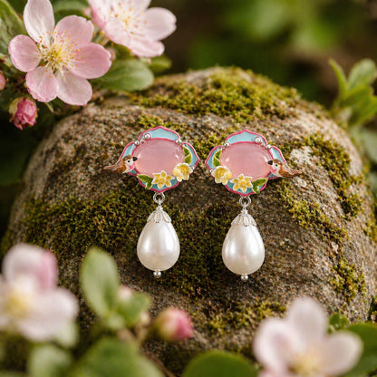 Pink Agate Garden Bird Pearl Earrings