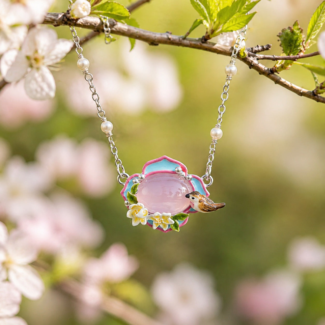 Pink Agate Garden Bird Necklace