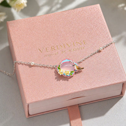 Pink Agate Garden Bird Necklace