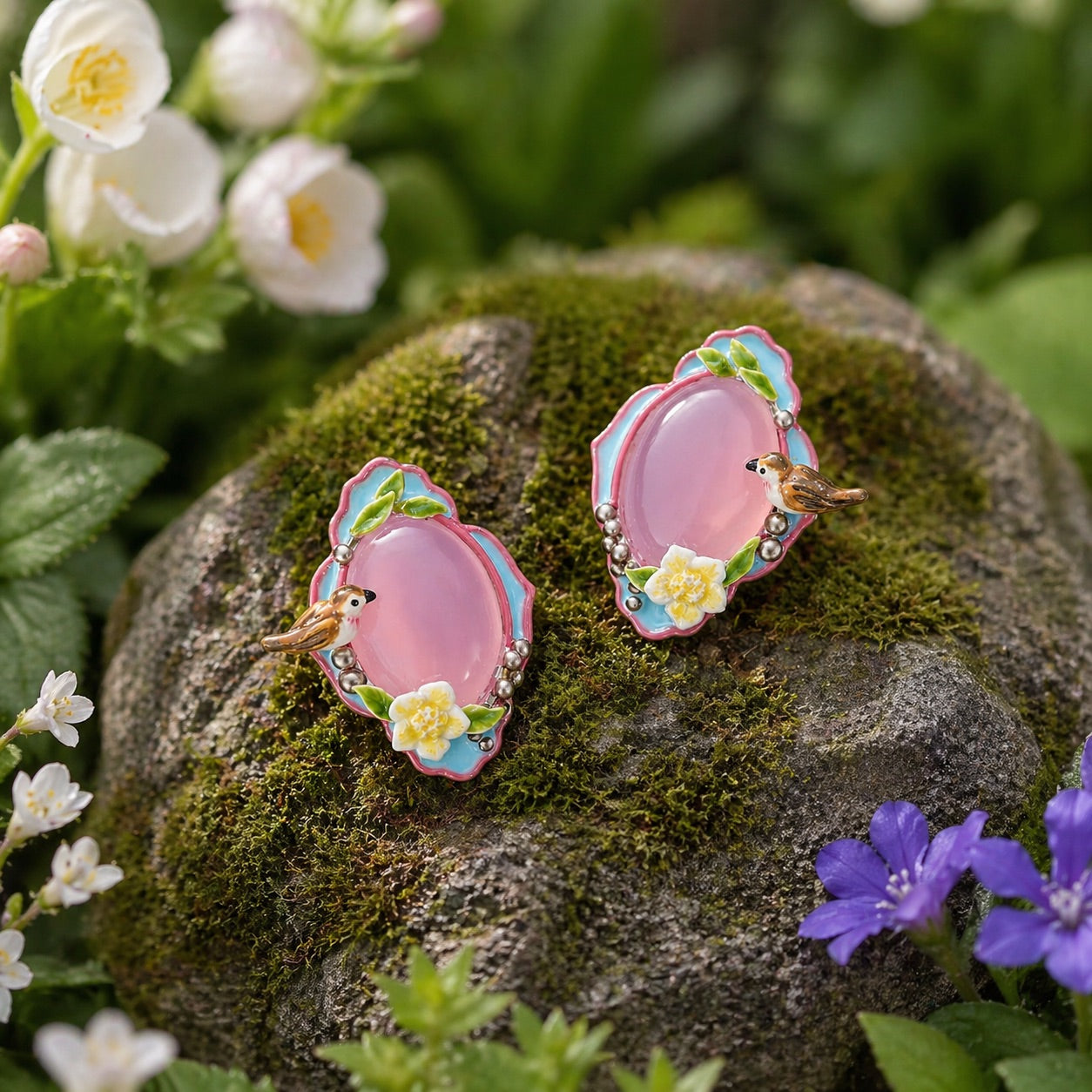 Pink Agate Garden Bird Stud Earrings