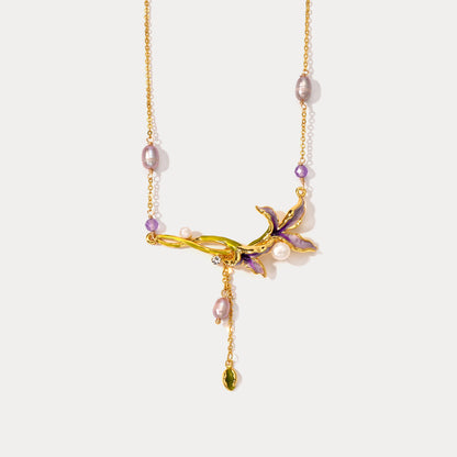 Purple Iris Flower Pearl Necklace