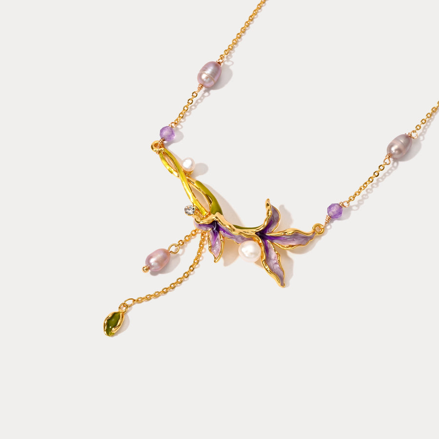 Purple Iris Flower Pearl Necklace