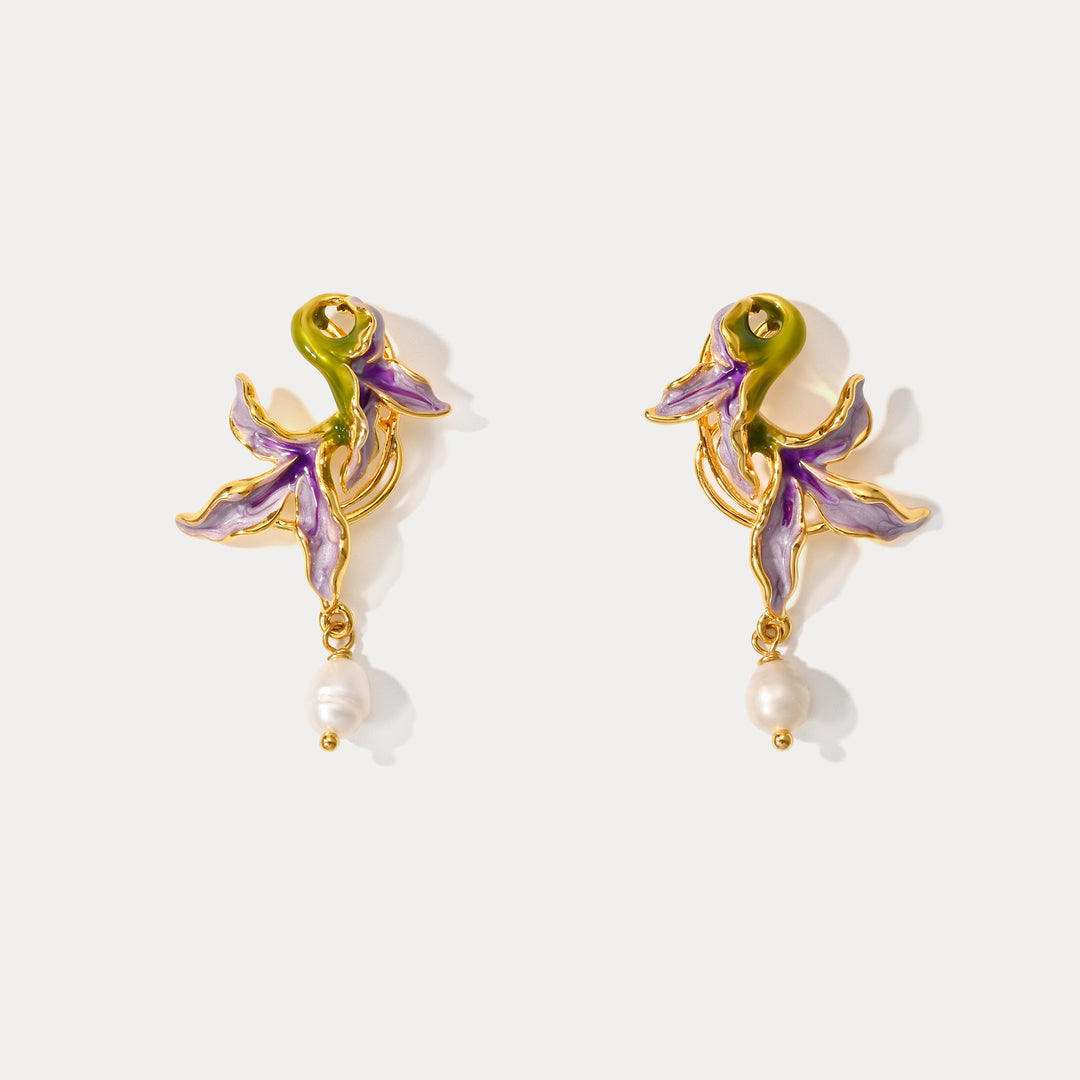 Purple Iris Flower Pearl Earrings