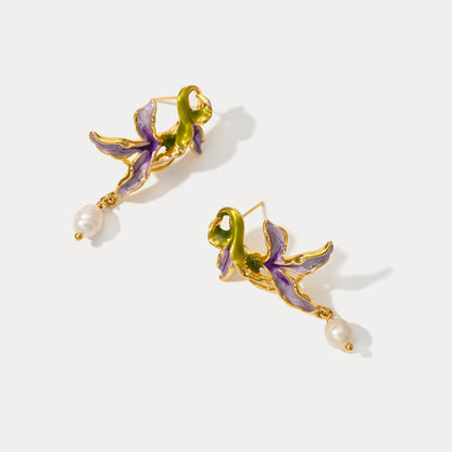 Purple Iris Flower Pearl Earrings