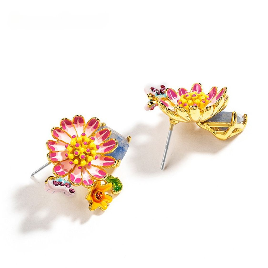 Side view of Daisy Blossom Stud Earrings showing detailed petal design and blue gemstone