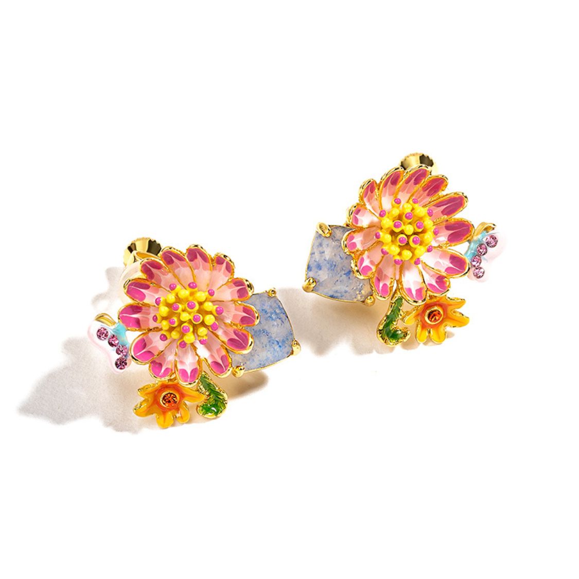 Front view of Daisy Blossom Stud Earrings with pink petals, yellow center, and butterfly detail
