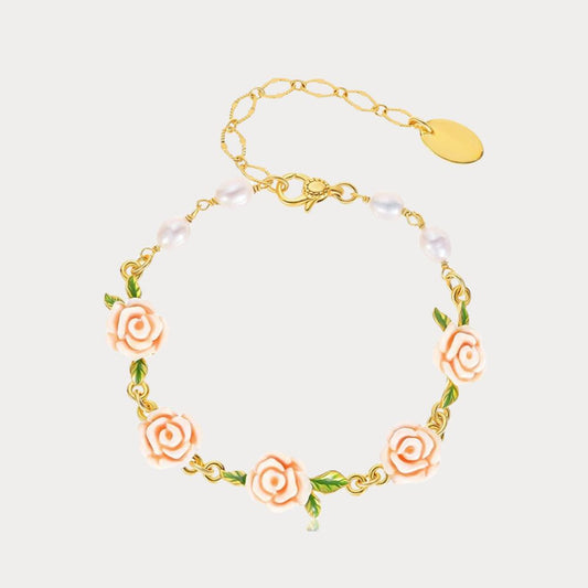 Champagne Rose Flower Pearl Bracelet