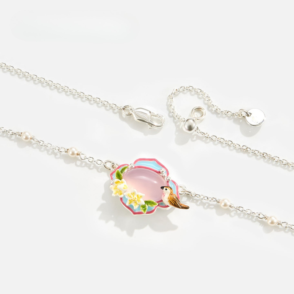 Pink Agate Garden Bird Necklace