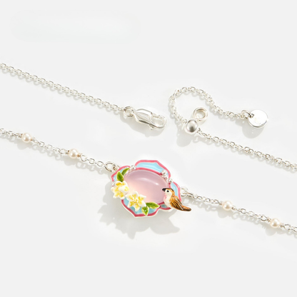 Pink Agate Garden Bird Necklace