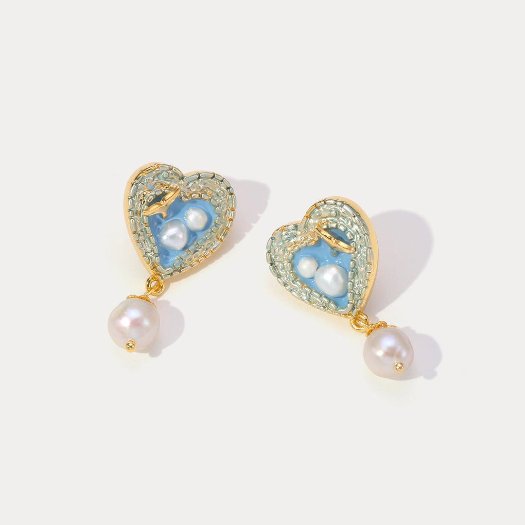 Mermaid Tail Heart Earrings with Pearl