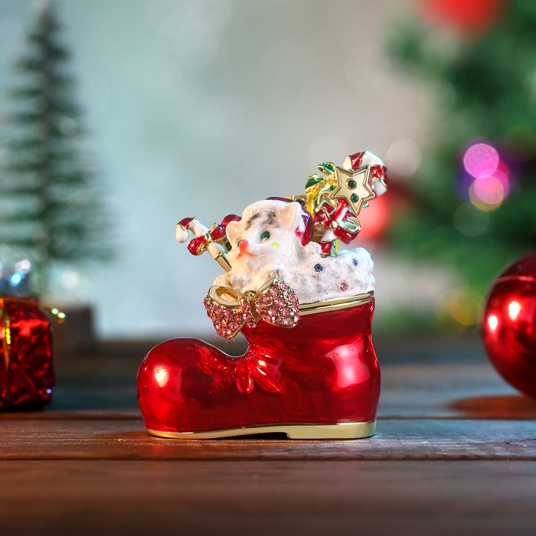 Santa's Christmas Boot & Cat Trinket Box