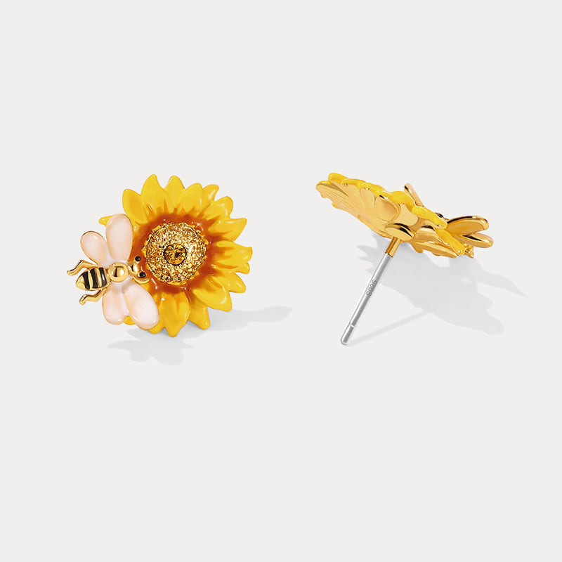 Detailed front and rear angle of Verdivine sunflower stud earrings with bee detail on a white background