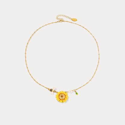 Full view of sunflower pendant necklace with adjustable gold-tone chain