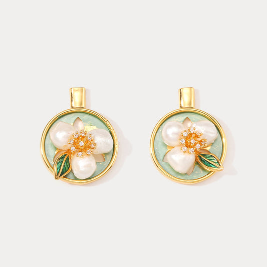 Flower Pearl Oil Painting Earrings