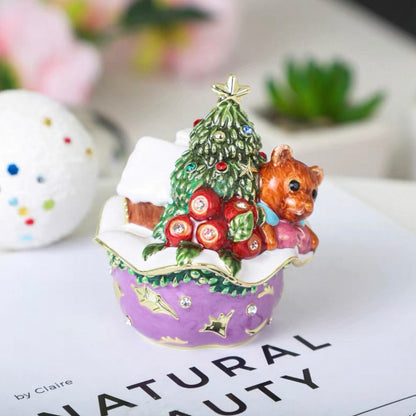 Fluffy Bear Under Christmas Tree Trinket Box