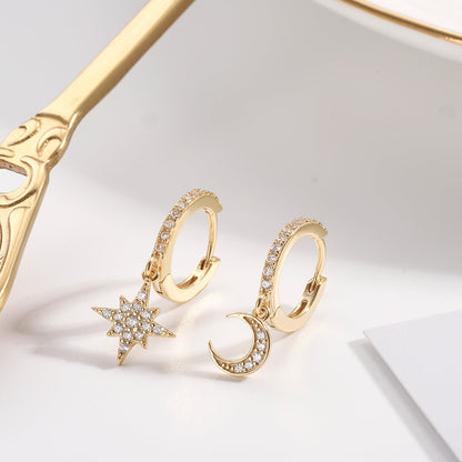 Moon and Star Drop Hoop Earrings