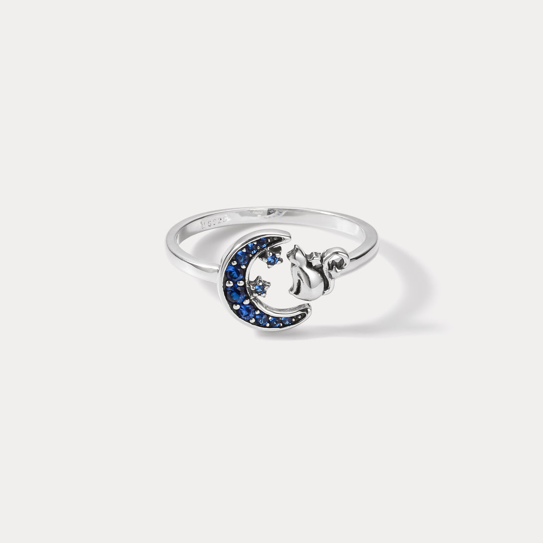 Silver Moon Cat Ring