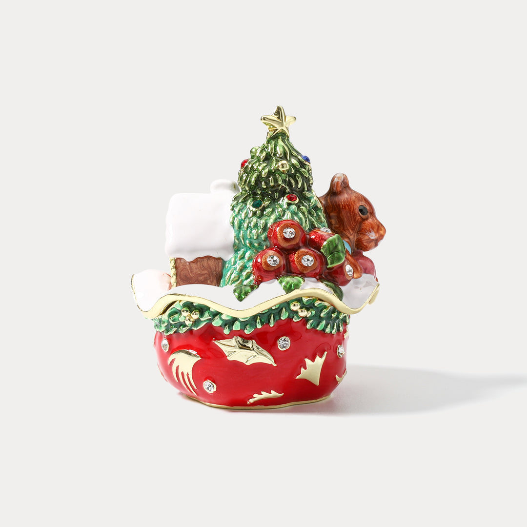 Fluffy Bear Under Christmas Tree Trinket Box