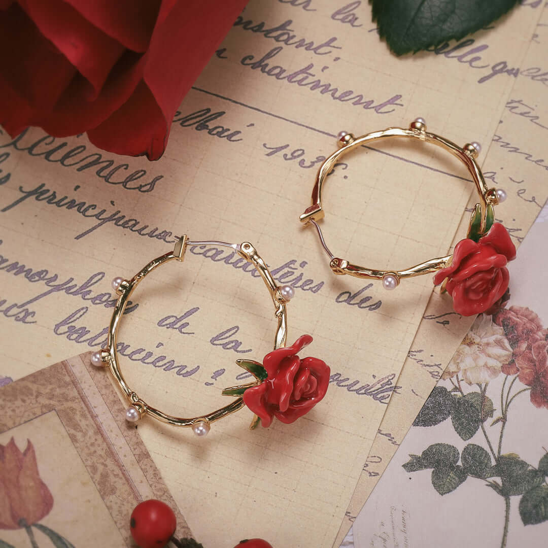 Red Rose Hoop Earrings