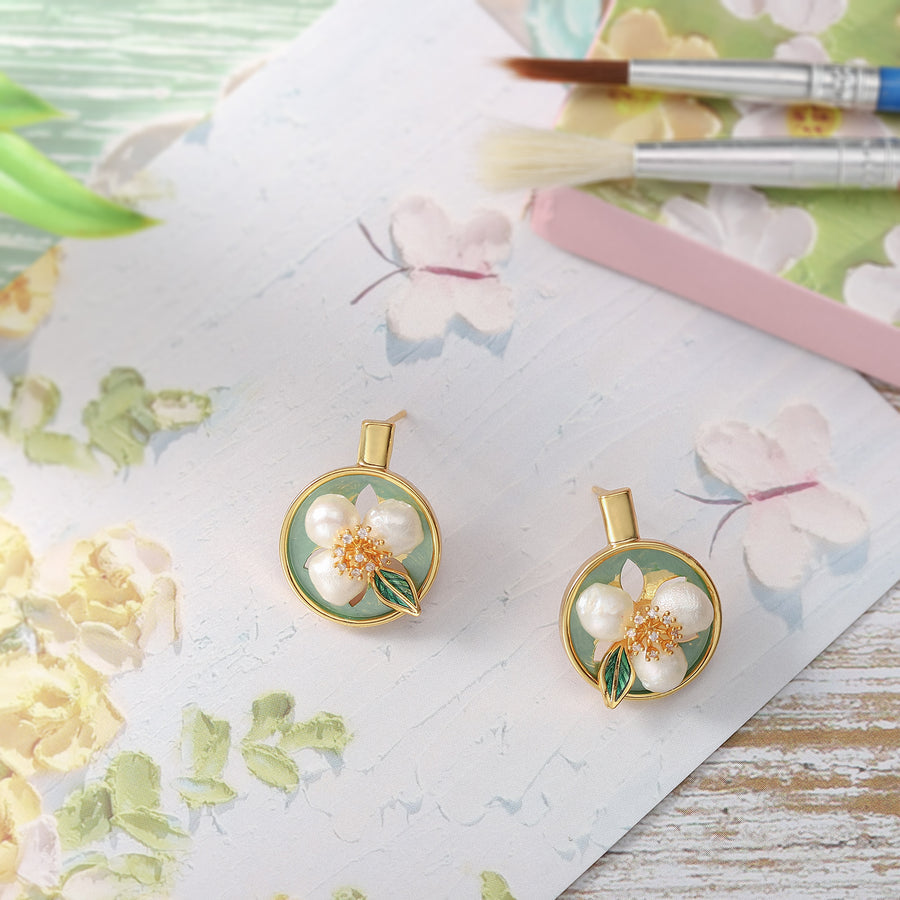 Flower Pearl Oil Painting Earrings