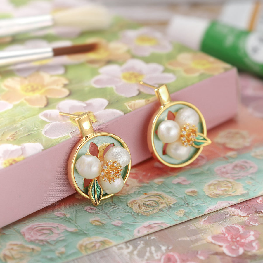 Flower Pearl Oil Painting Earrings