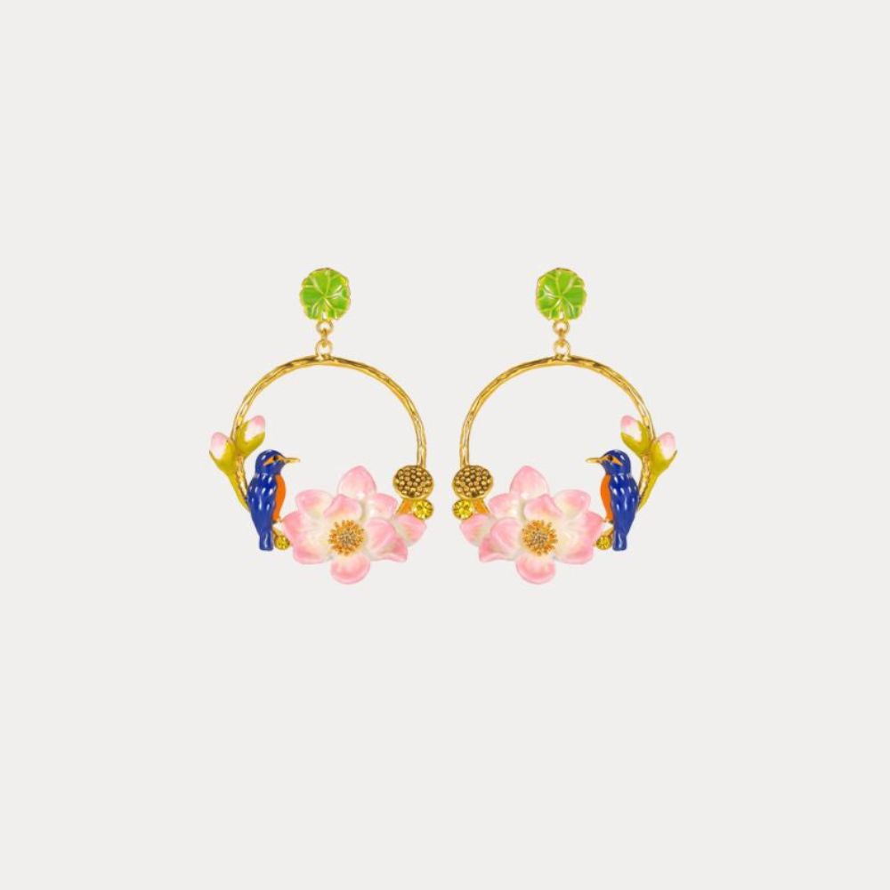 Front-facing image of Kingfisher Lotus Hoop Earrings, showcasing symmetrical enamel kingfisher birds and pink lotus flowers with green stud tops.