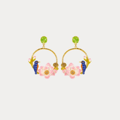 Front-facing image of Kingfisher Lotus Hoop Earrings, showcasing symmetrical enamel kingfisher birds and pink lotus flowers with green stud tops.