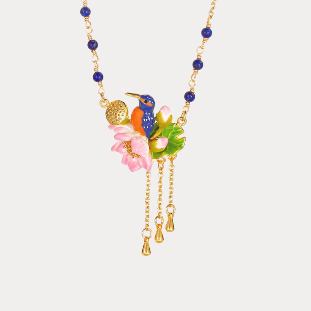 Fashionable styling of the Kingfisher Lotus Necklace paired with matching floral earrings.