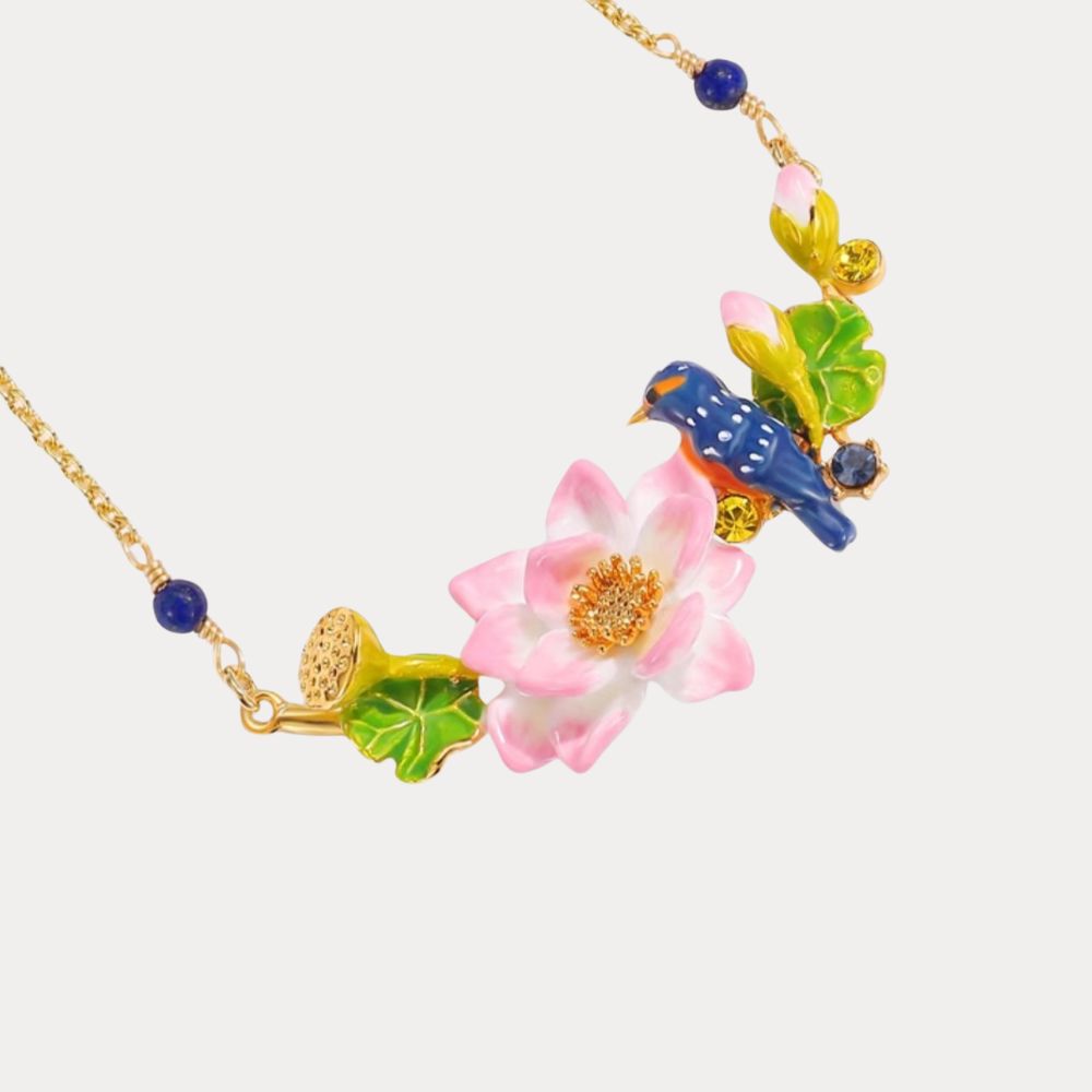 Front-facing centered pendant of Kingfisher Lotus Necklace highlighting enamel lotus and bird design