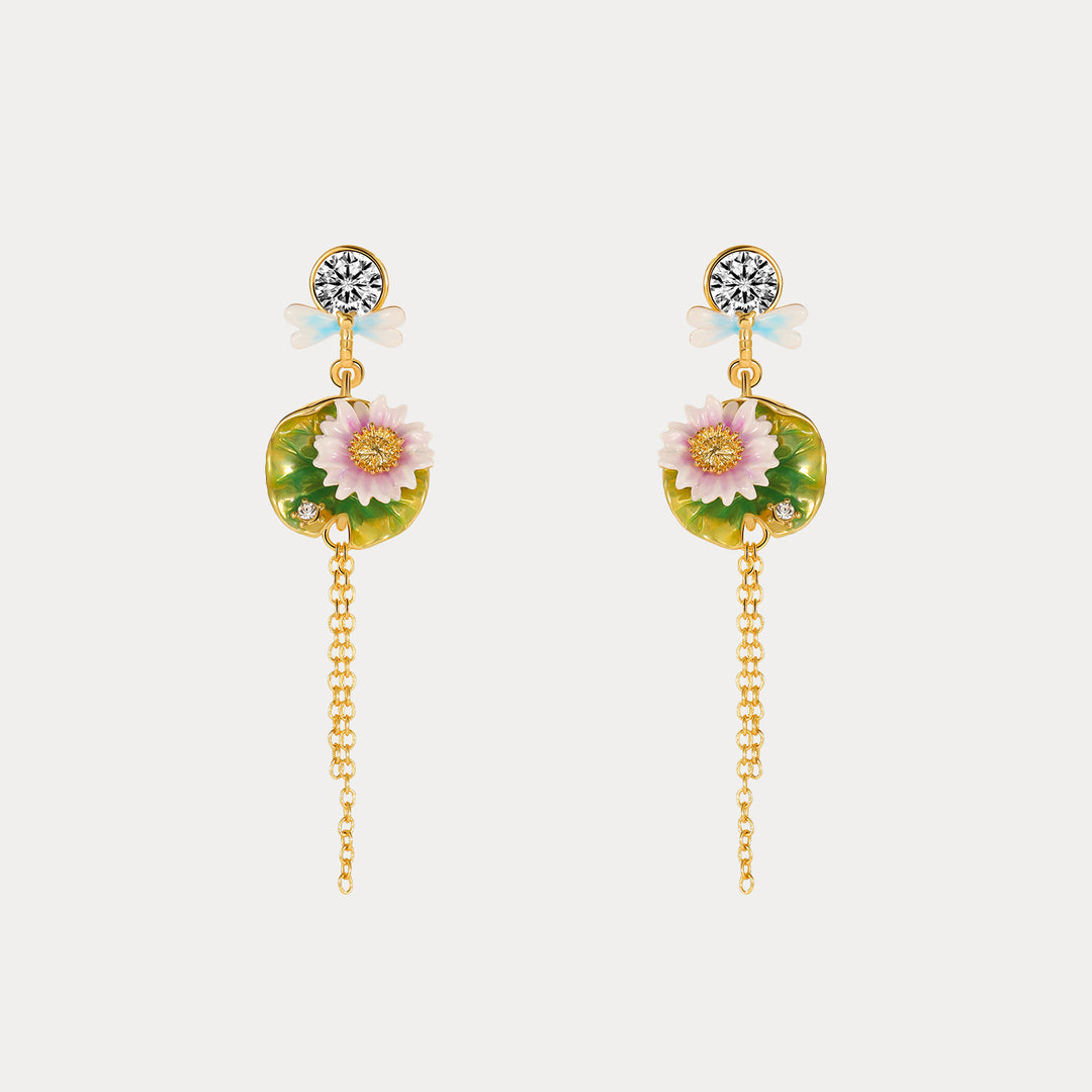 Side angle view of lotus dragonfly tassel earrings showing post stud backs and detailed green and pink floral design.