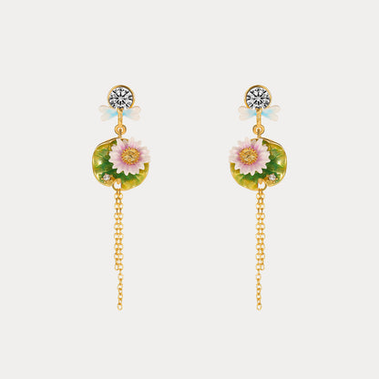 Side angle view of lotus dragonfly tassel earrings showing post stud backs and detailed green and pink floral design.