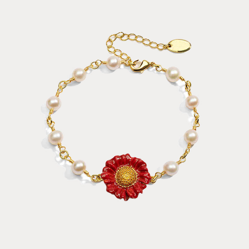 Red Daisy Pearl Bracelet