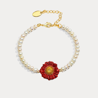 Red Daisy Pearl Bracelet